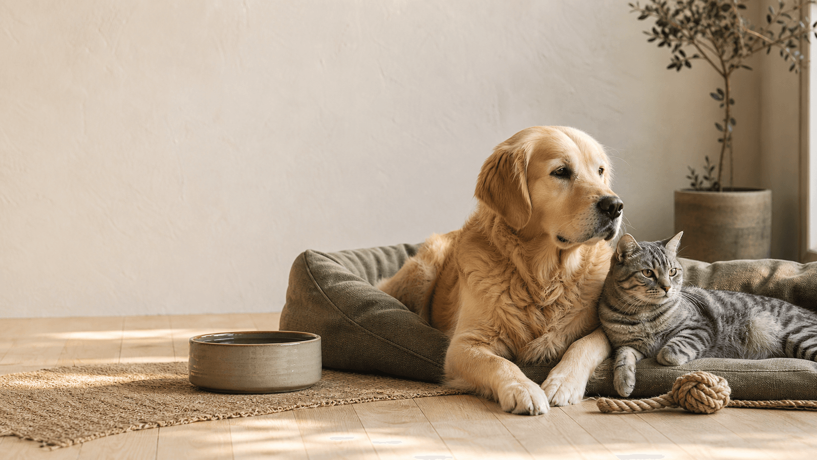 Golden retriever and grey tabby cat relaxing together in a warm Scandinavian home